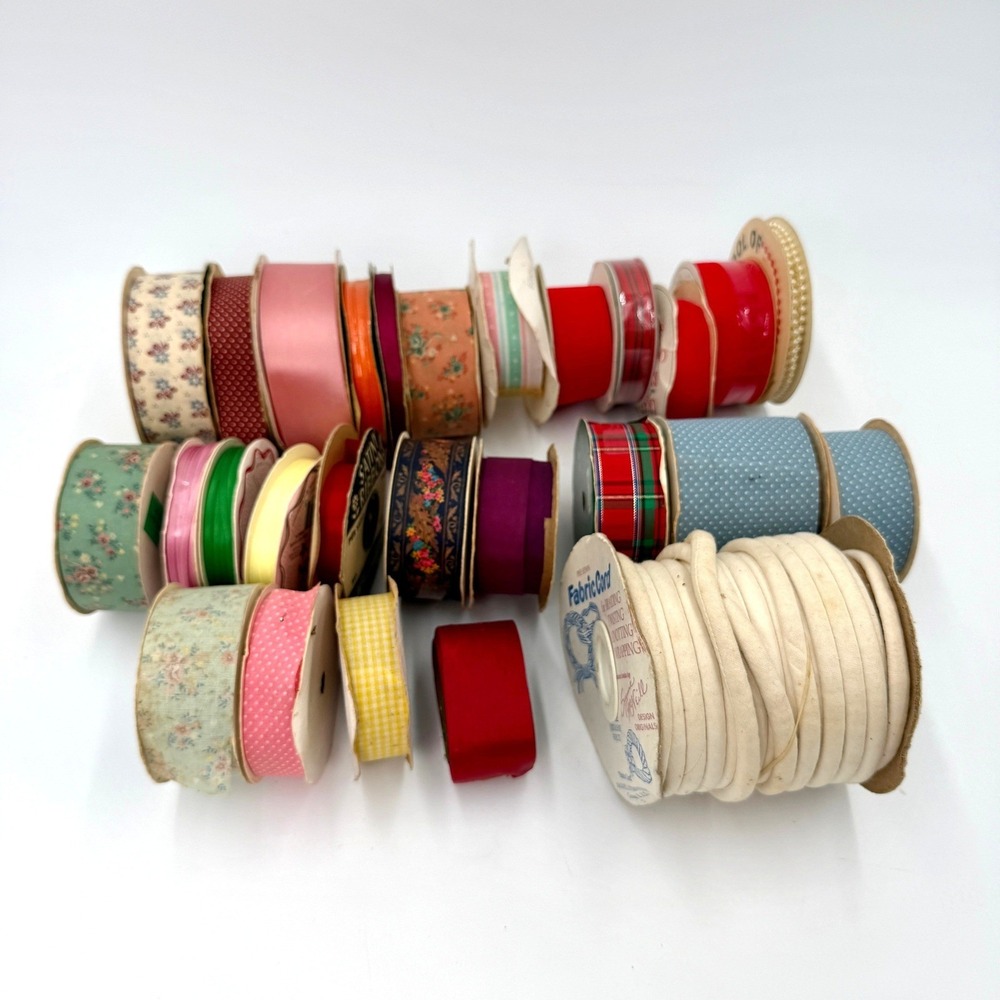 Vintage Ribbon Lot Offray MJD Designs Satin Floral Plaid Fabric Cord Spools 27PC